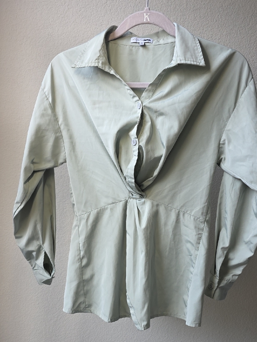 Fashion Nova Sage Green Twist-Front Button Down Shirt